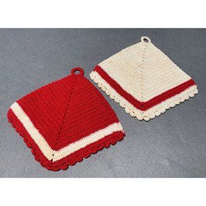 Vintage Handcrafted Crochet Potholders Set of 2 Red & Cream 1960s
